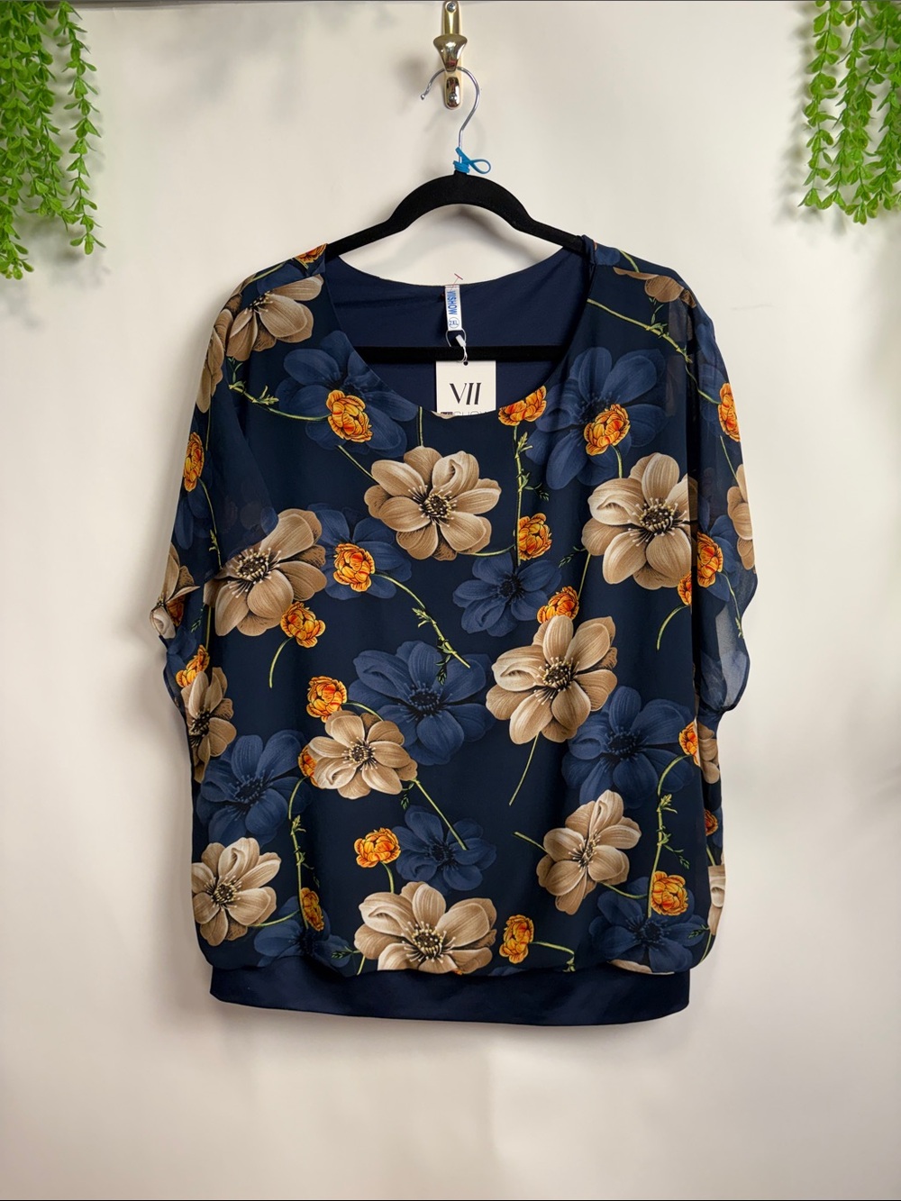 VII Navy Floral Short-Sleeve Blouse with Beige & Orange Blooms